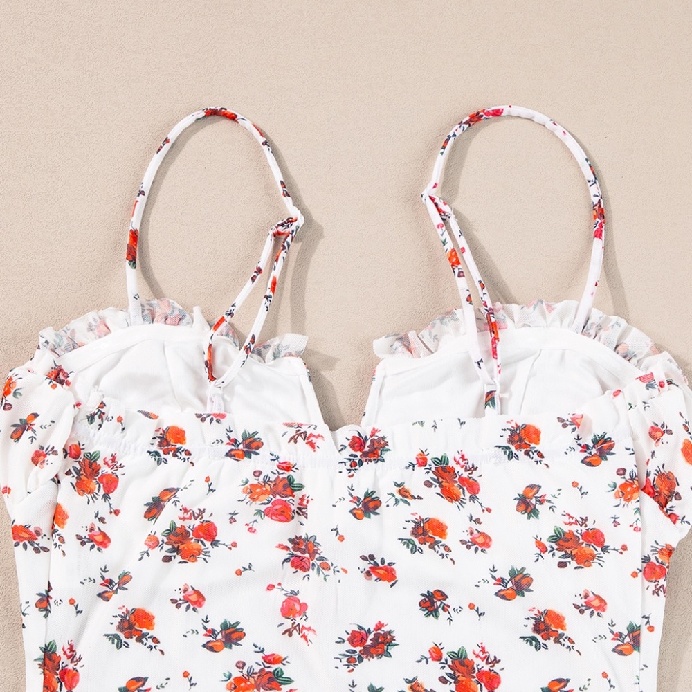 White Floral V Cut Frilled Trim Spaghetti Straps Bodysuit - Picture 6 of 12